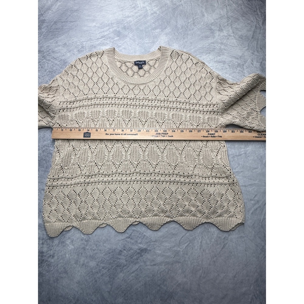 Splendid Tan Open Knit Short Sleeve Sweater Top womens sz L cottage shabby boho - Picture 6 of 8